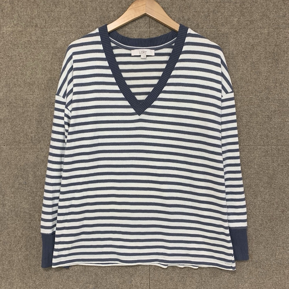Loft Women M White/Navy Striped V Neck Shirt Top Nautical Preppy Coastal Boat